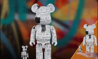 Bearbrick 400 + 100 Jean-Michel Basquiat 3 black and white jean vintage yellowish artist 400% 100%