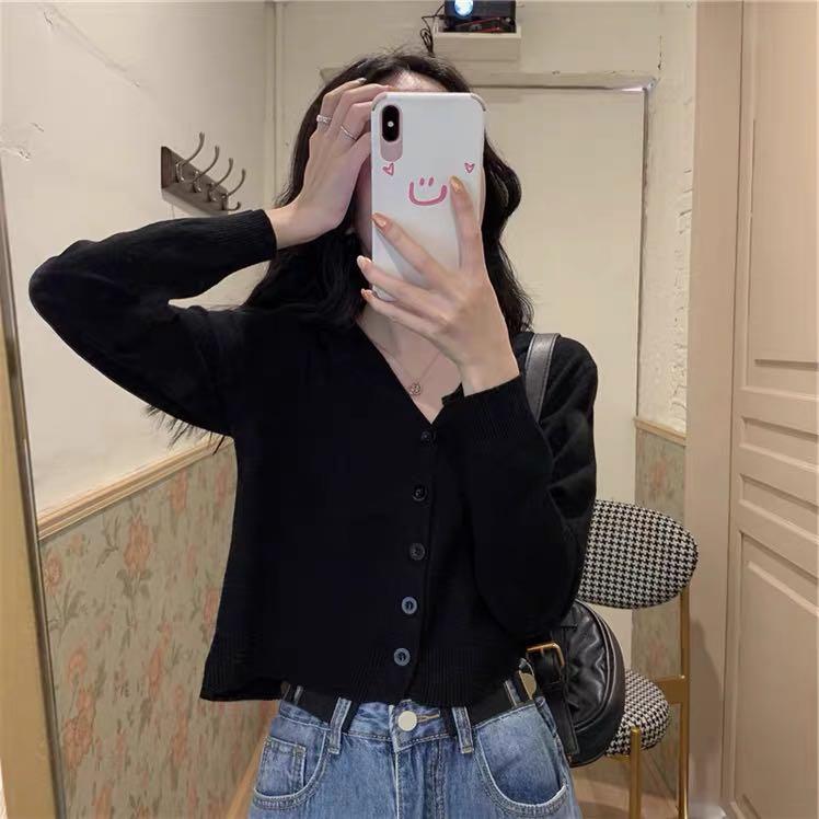 black knitted cardigan ulzzang crop top 