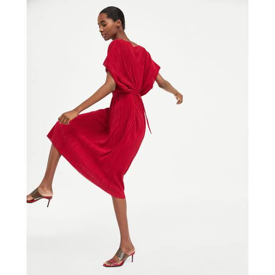 🌺 ZARA RED PLEATED BELTED DRESS, Women 