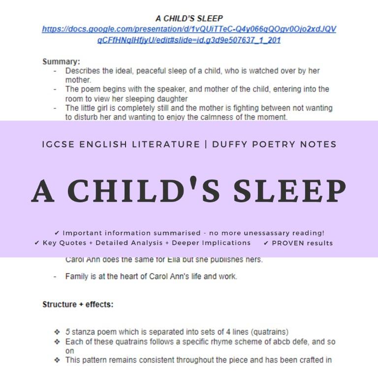 Igcse English Literature Poetry A Child S Sleep Duffy Notes Textbooks On Carousell