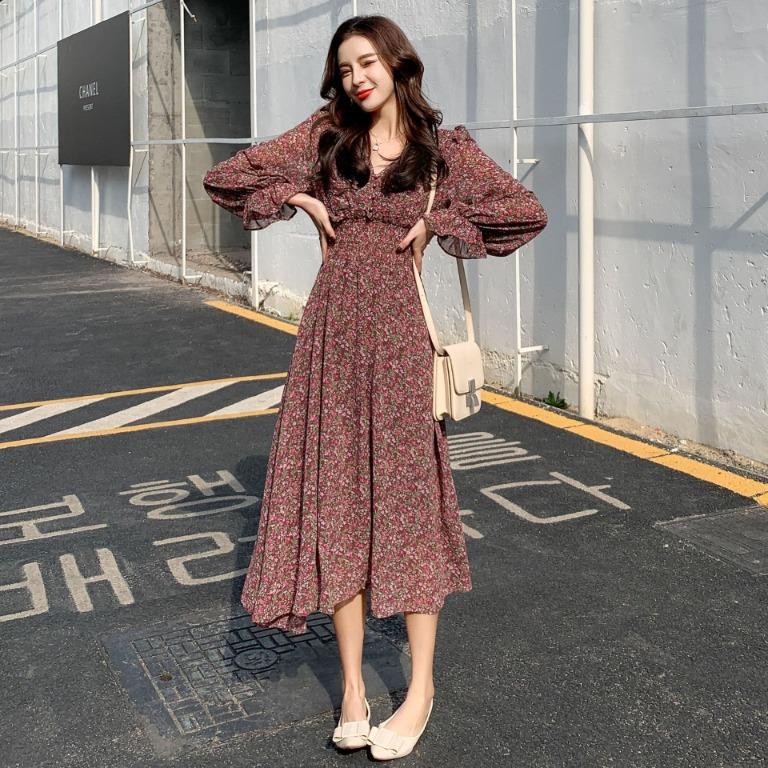 Long sleeve dress korean Clearance