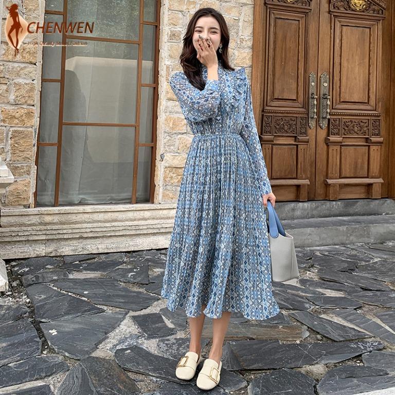 Long Sleeve Printed Casual Pleated Dresses Elegant A-line Dresses, Women's  Fashion, Dresses \u0026 Sets, Dresses on Carousell