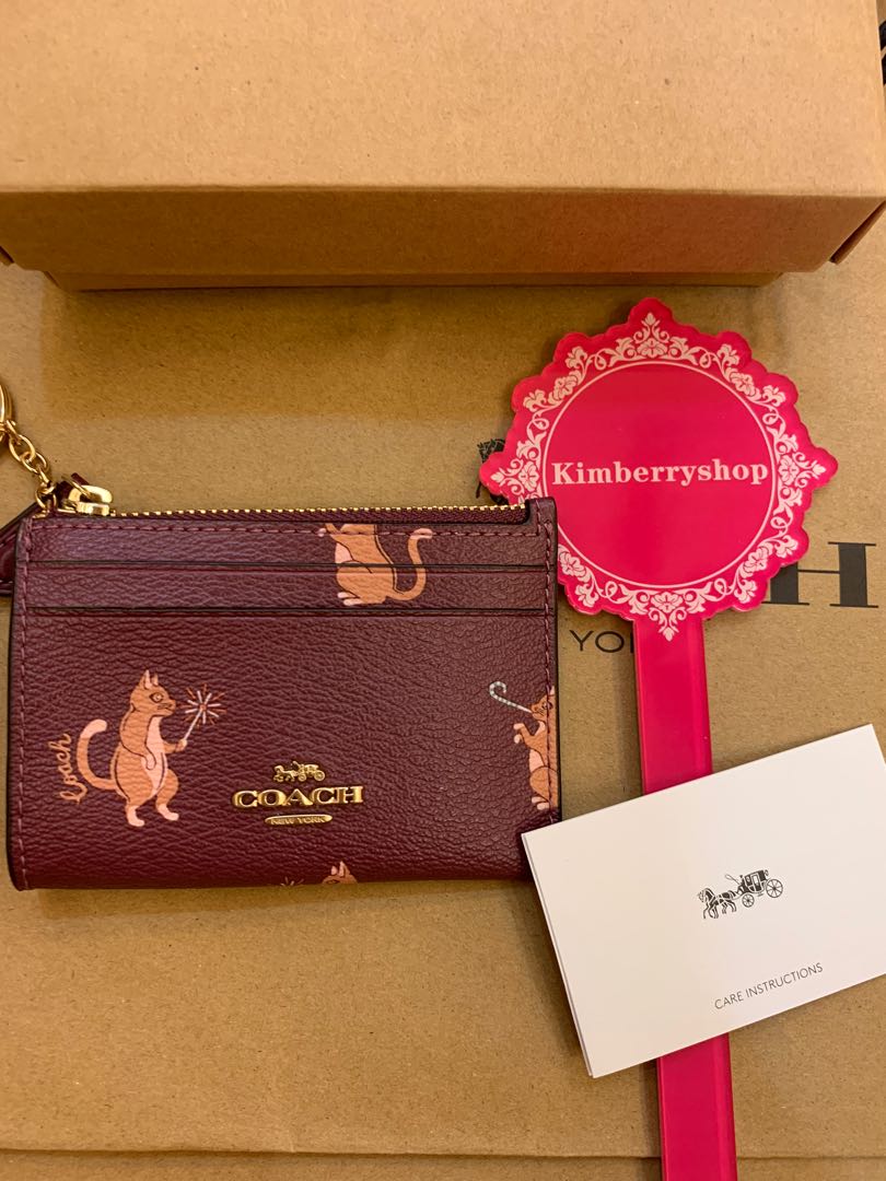 Ready Stock coach 79928 party cat print mini card holder with key chain coin bag