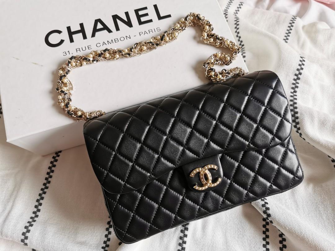 Chanel limited edition Westminster Pearl Strap Single Flap Bag in Black  Lambskin