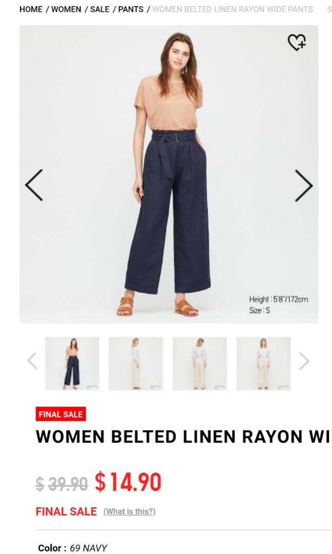 Uniqlo belted linen rayon navy blue, Women's Fashion, Bottoms