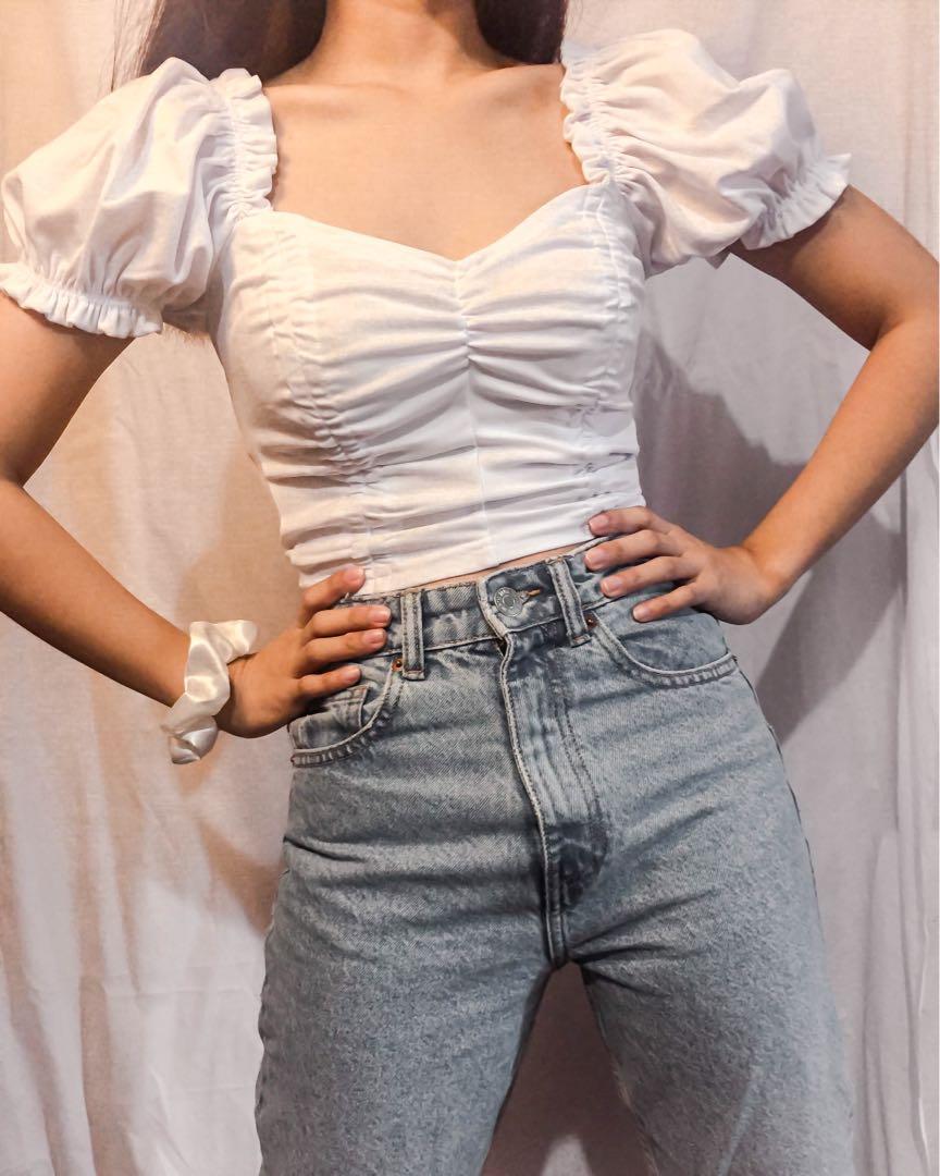 White ruched sale puff sleeve top