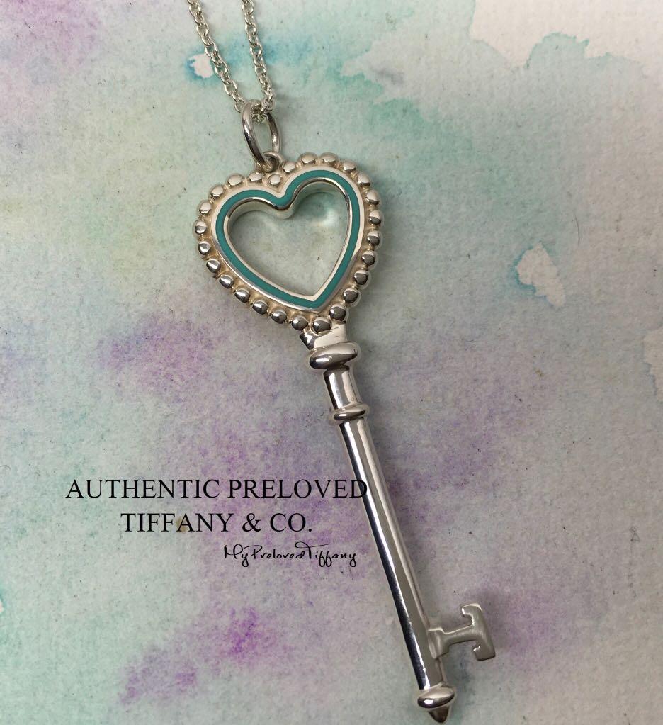Excellent Authentic Tiffany Co. Blue Enamel Heart Key Large Long Necklace 30 Silver