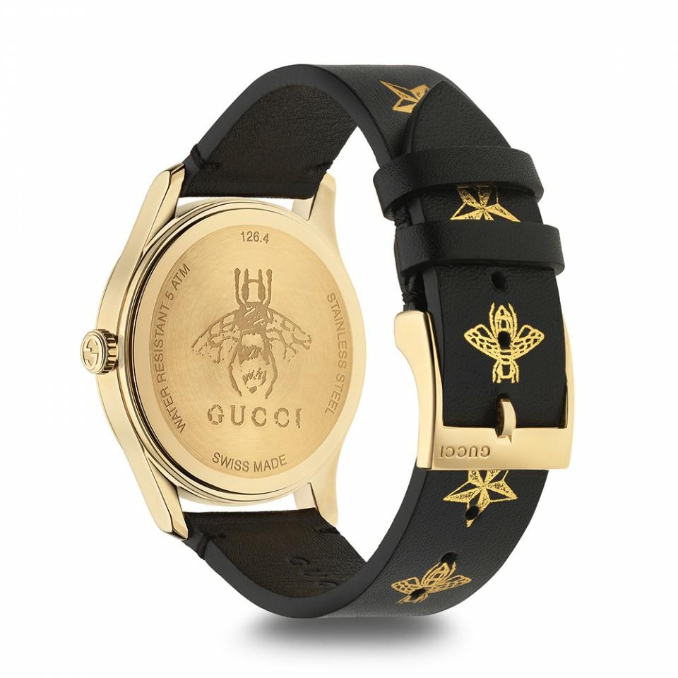 GUCCI G TIMELESS BLACK DIAL WITH BLACK GOLD LEATHER YA1264055