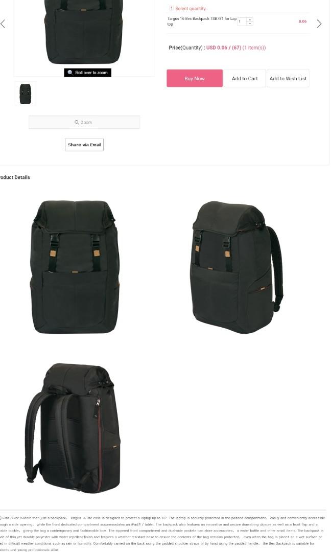 Targus backpack (Category: Backpacks) located in Manila. Submitted by doverparfum (Listing ID 1033036861, Image 2). Description: More than just a backpack， Targus 16The case is designed to protect a laptop up to 16". The laptop is securely protected in the padded compartment， easily and conveniently accessible through a side opening， while the front dedicated compartment accommodates an iPad® / tablet. The backpack also features an innovative and
