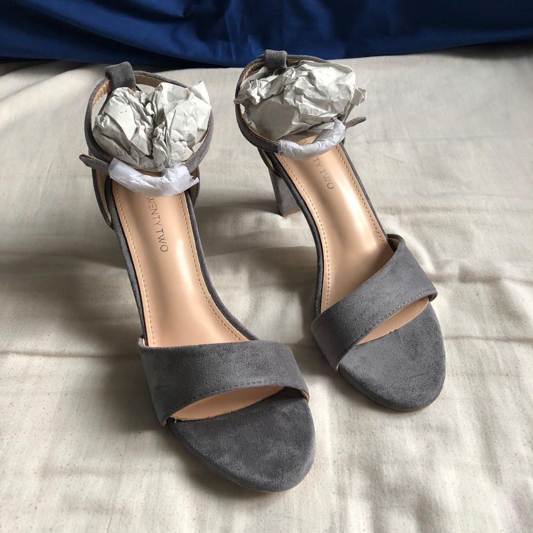 grey open toe block heels