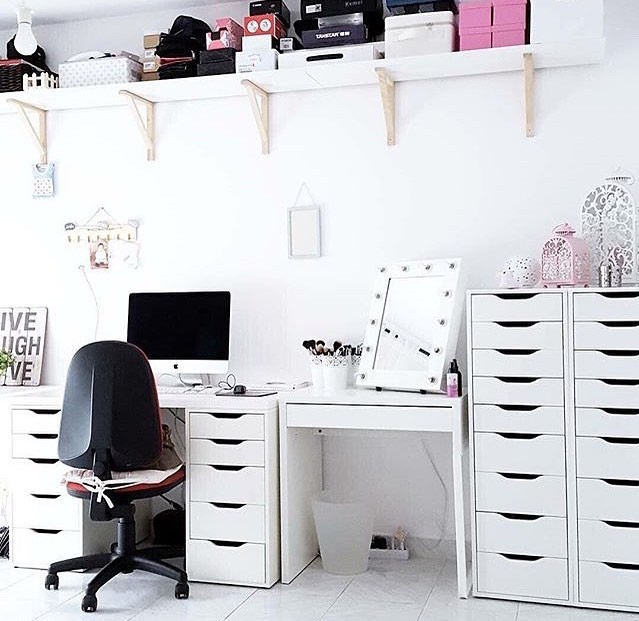 Alex linnmon dual drawer, alex drawers, micke personal table, vanity