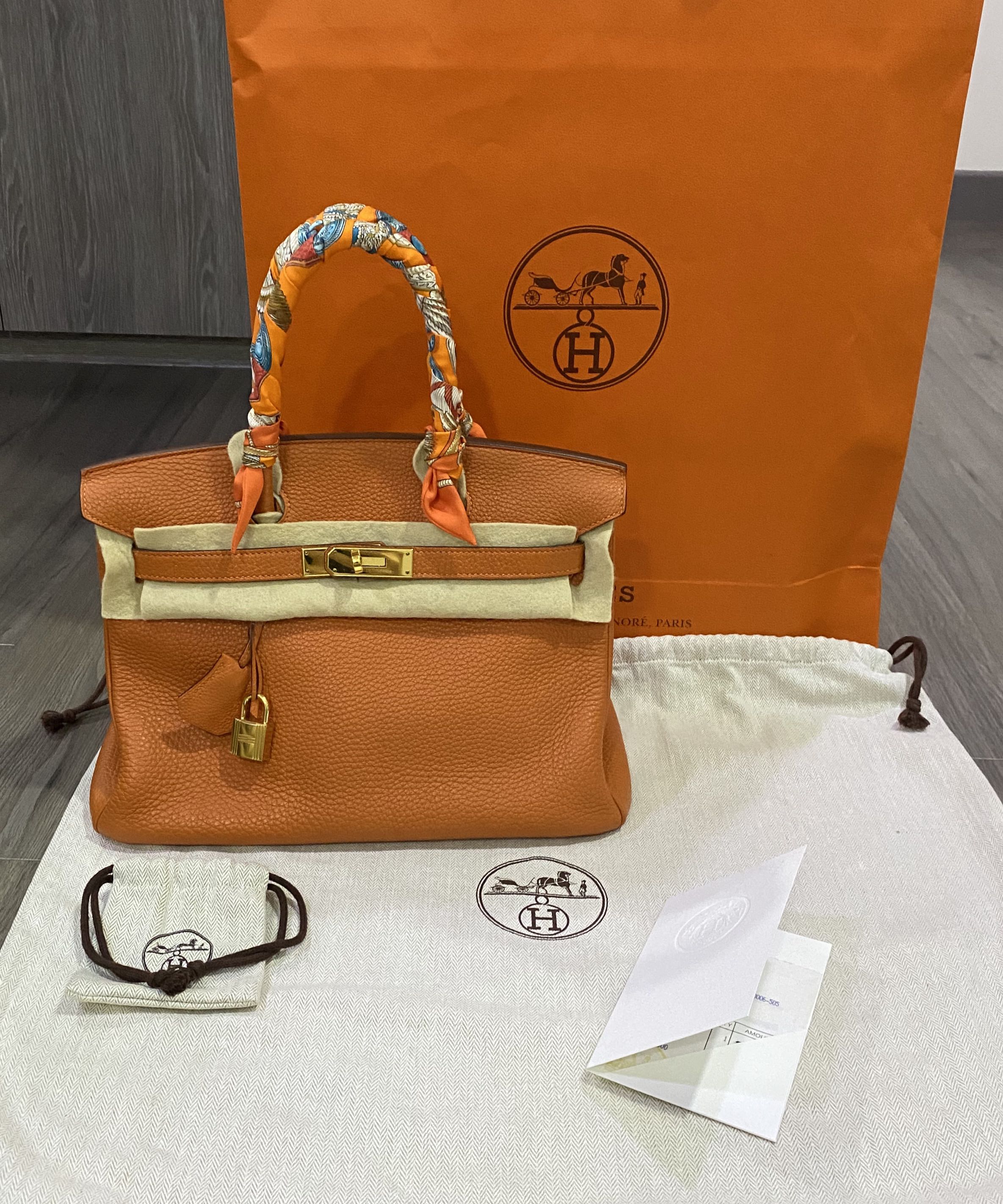 Hermes Orange Togo Leather Gold Hardware Birkin 30 Bag with Twilly