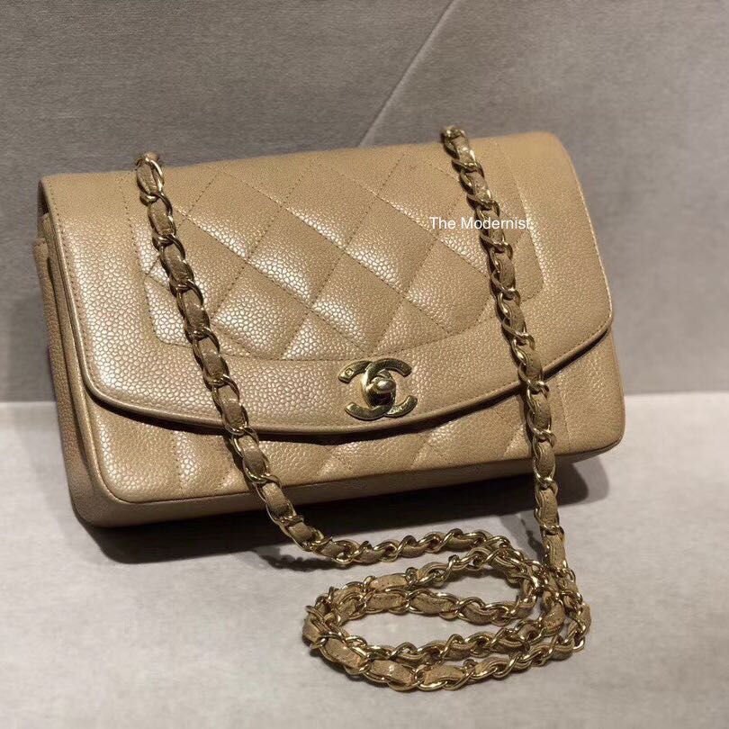 Authentic Vintage Chanel Dark Beige Caviar Leather Small Diana Flap