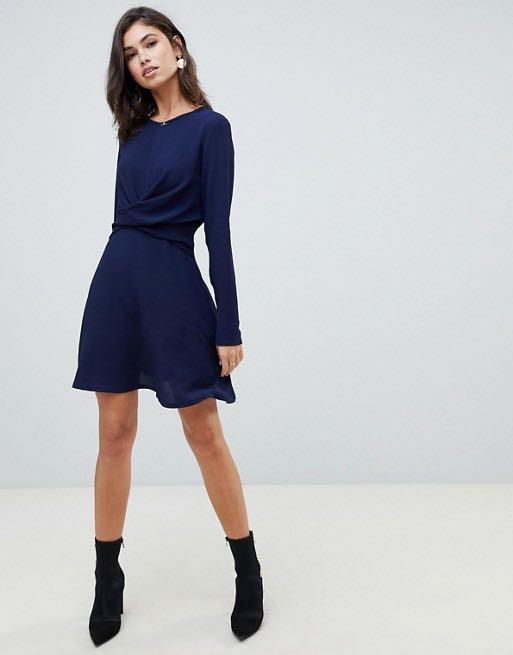 Boohoo twist detail skater dress in navy sales