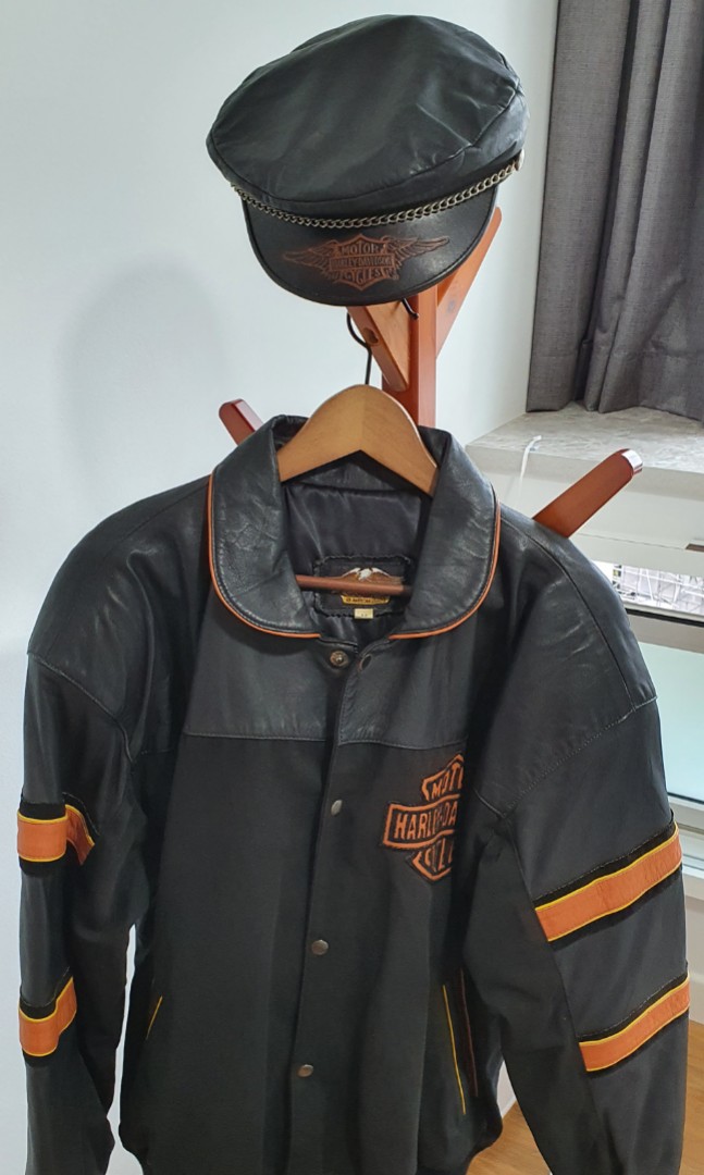 Harley davidson leather jacket with cap, Men's Fashion, Coats, Jackets