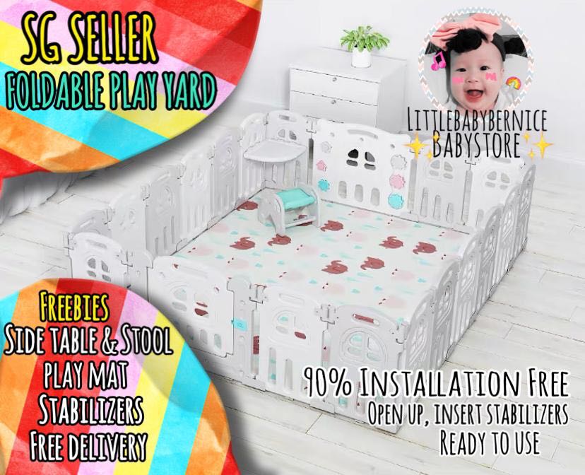 INSTOCK] ?Foldable Play Yard with Side Table, Babies & Kids, Cots & Cribs  on Carousell