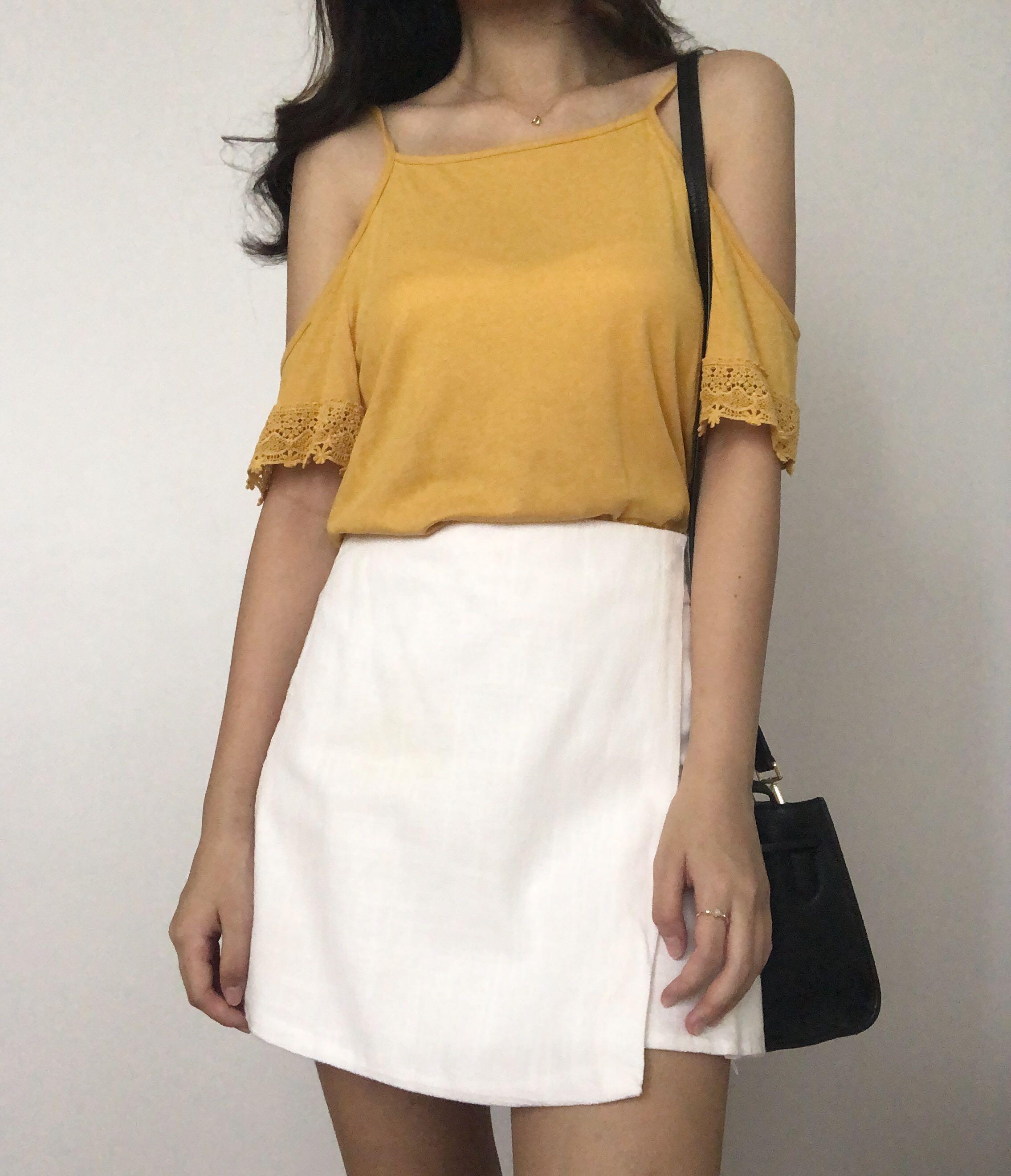 mustard yellow cold shoulder top