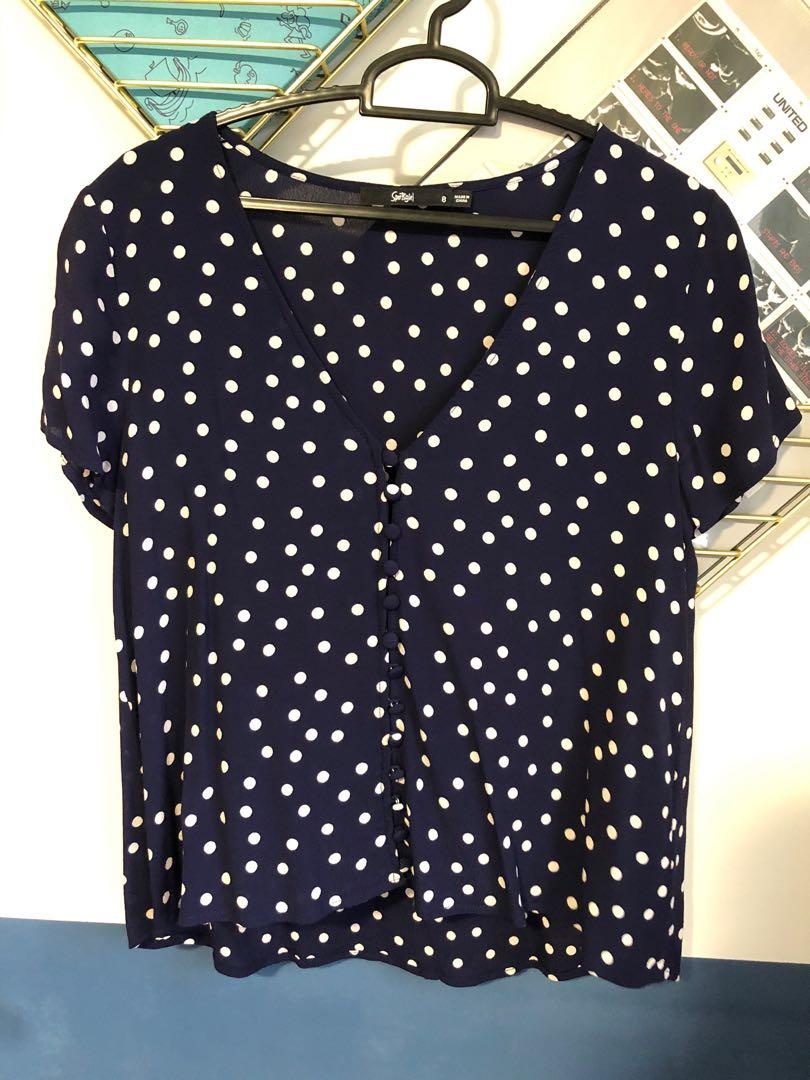 white and navy polka dot blouse