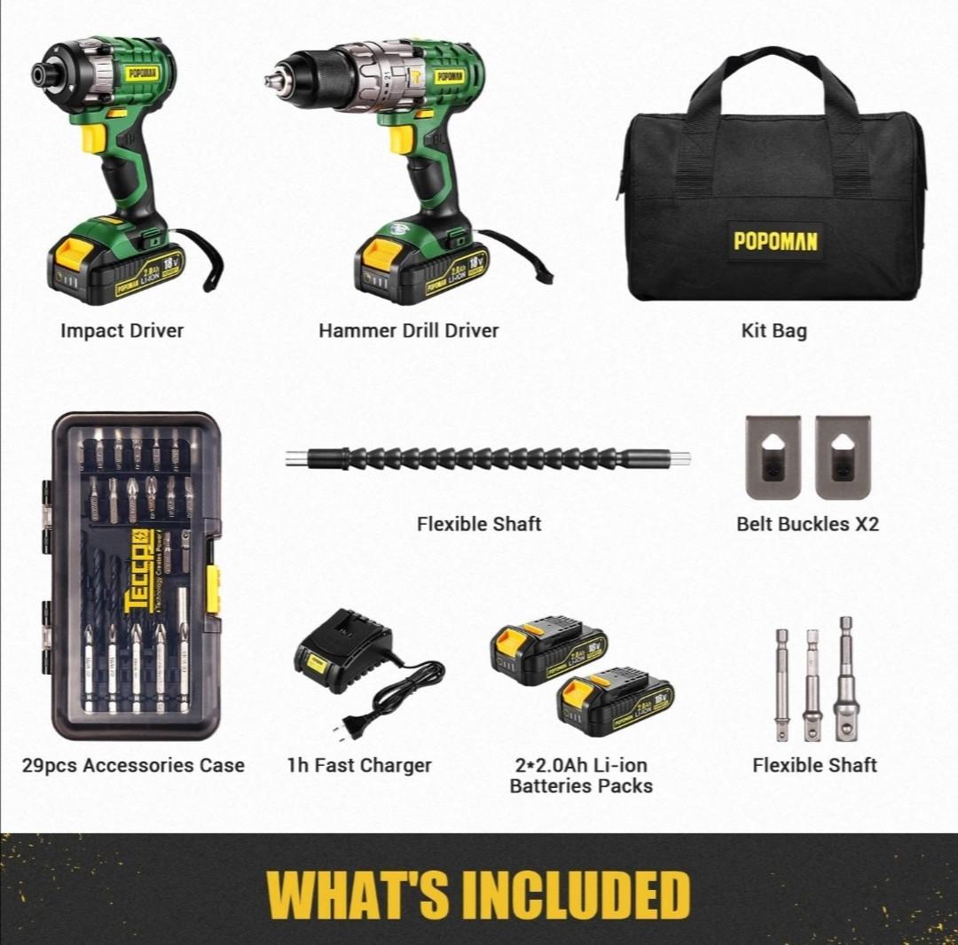 Teccpo Popoman Power Tools 18V Hammer Drill/Driver Kit 18V Impact Driver  MTD680B (Green), Furniture & Home Living, Home Improvement & Organisation,  Home Improvement Tools & Accessories on Carousell