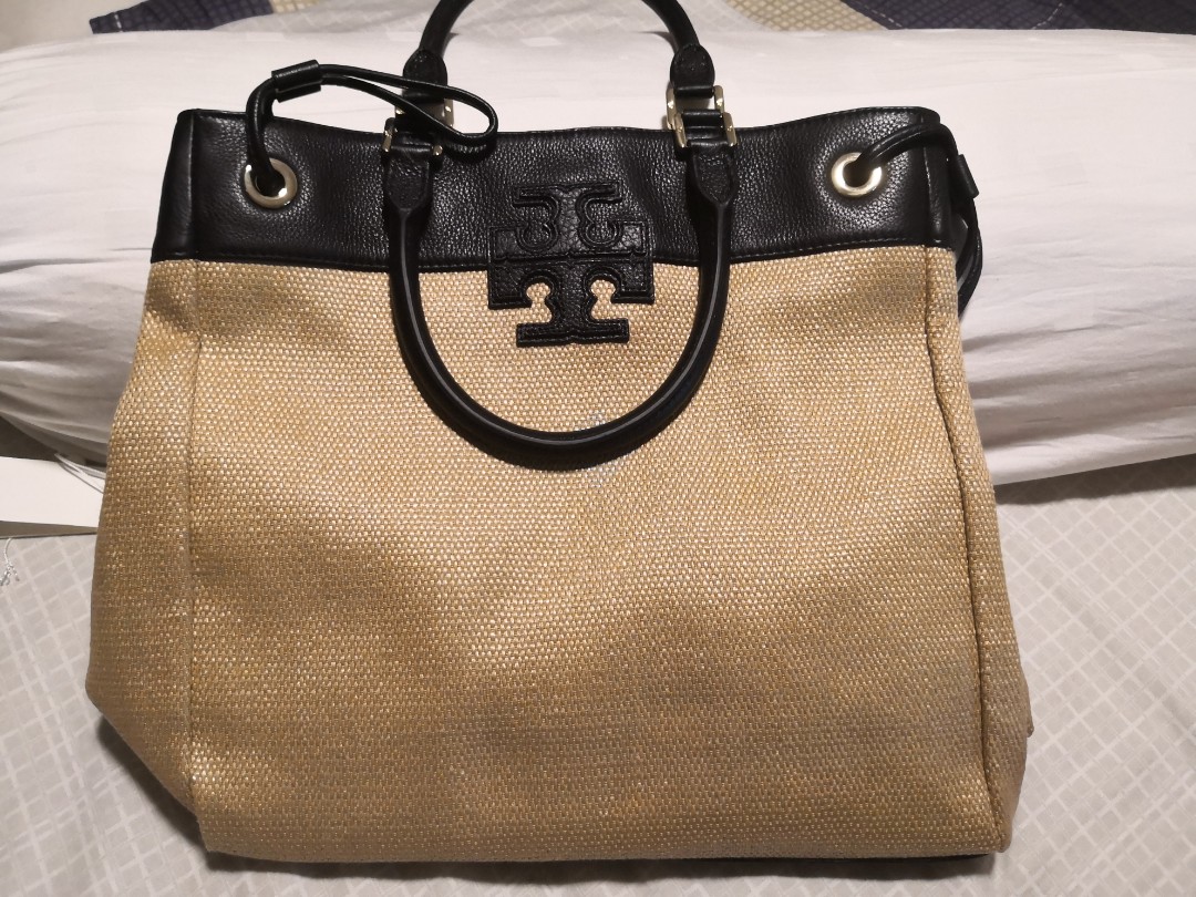 Tory Burch straw stacked Tote, Luxury, Bags & Wallets on Carousell