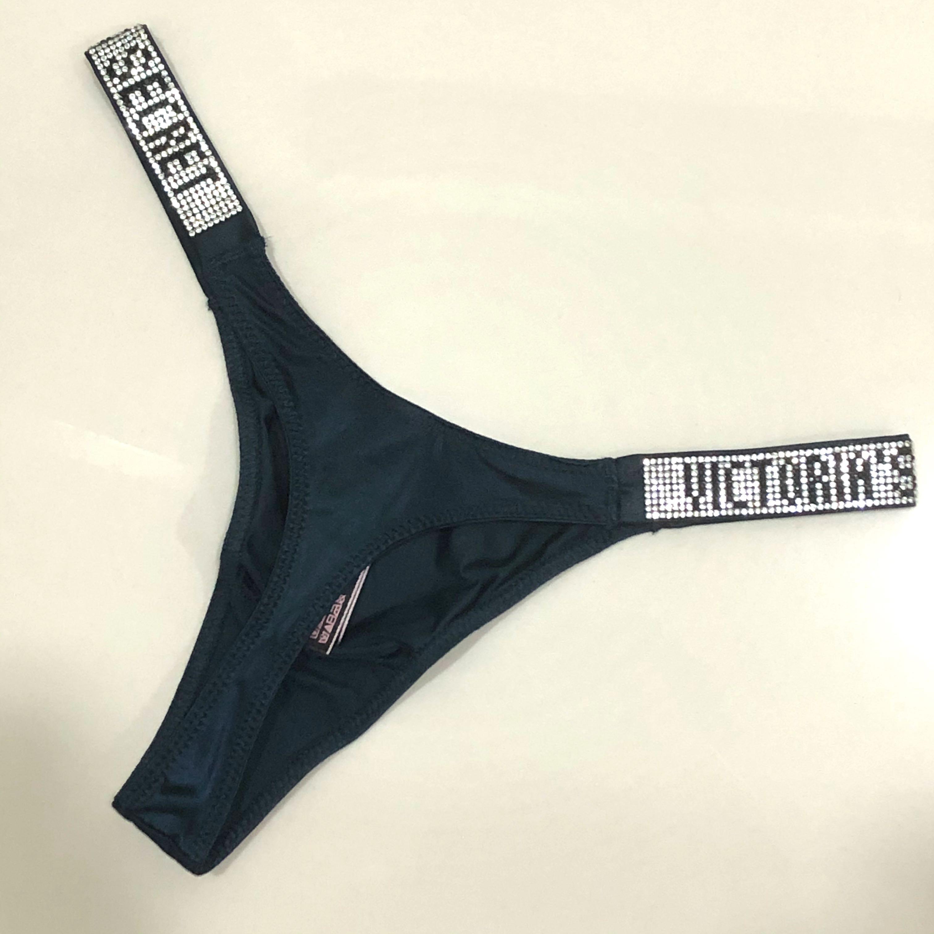 Victoria’s Secret VERY SEXY Rhinestone Shine Strap Satin Thong Panty -  Black Sea XS Extra Small