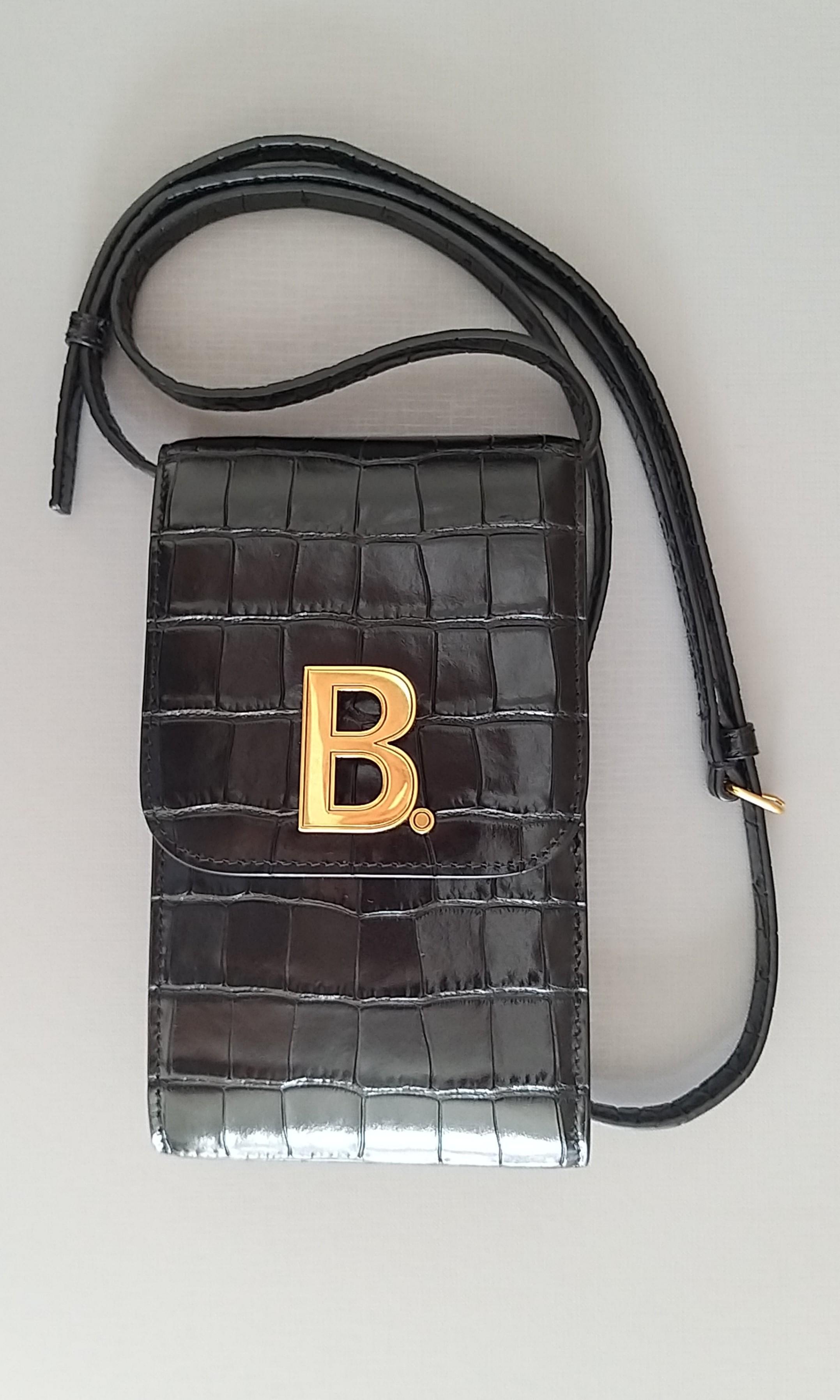 BALENCIAGA Leather Phone Holder Shopping Crossbody Bag Black