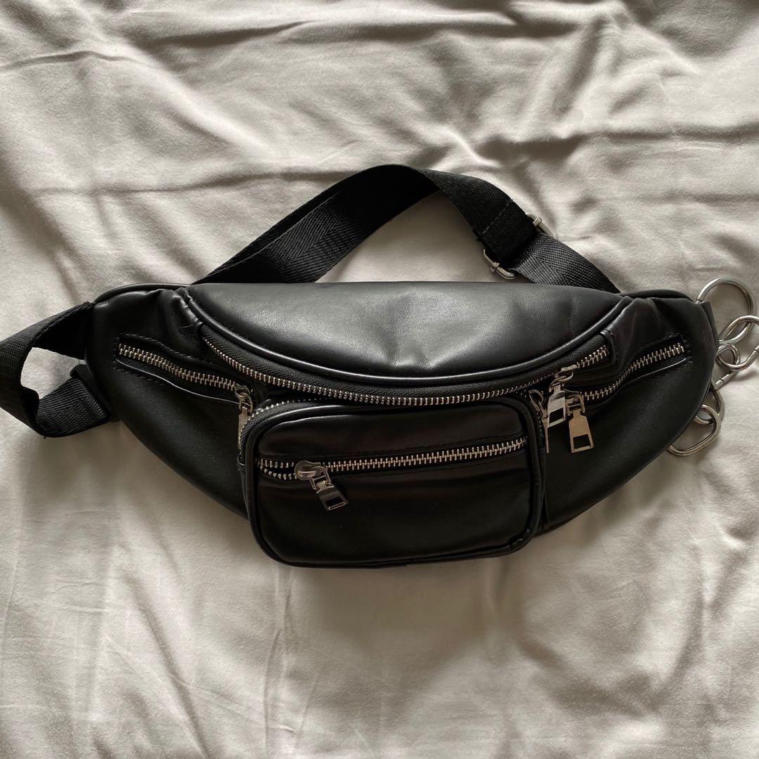 black leather fanny pack with chain