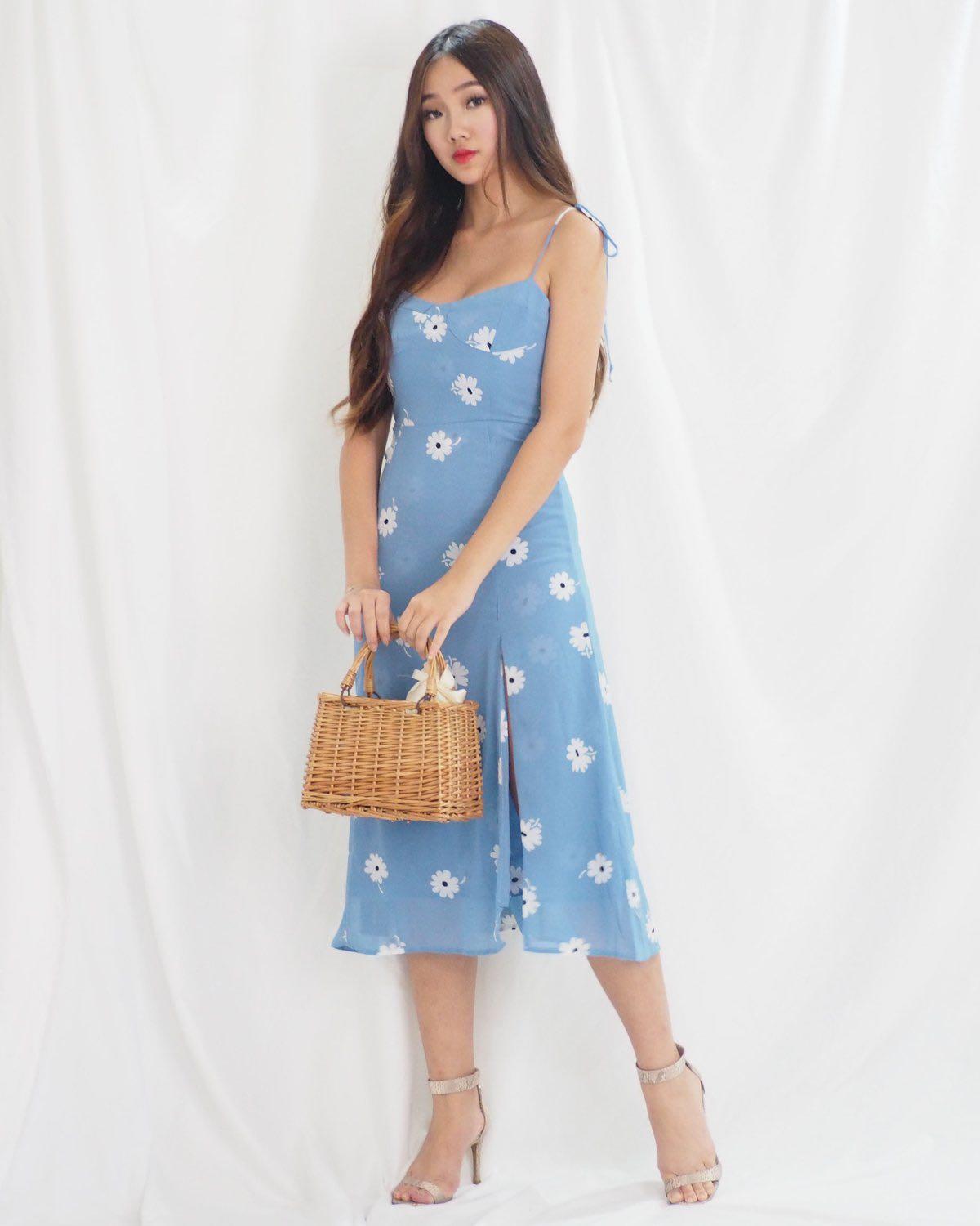 Blue floral slit dress clearance