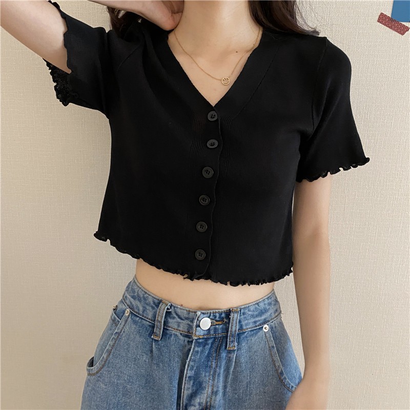 Button Up Black Crop Top, Women's 