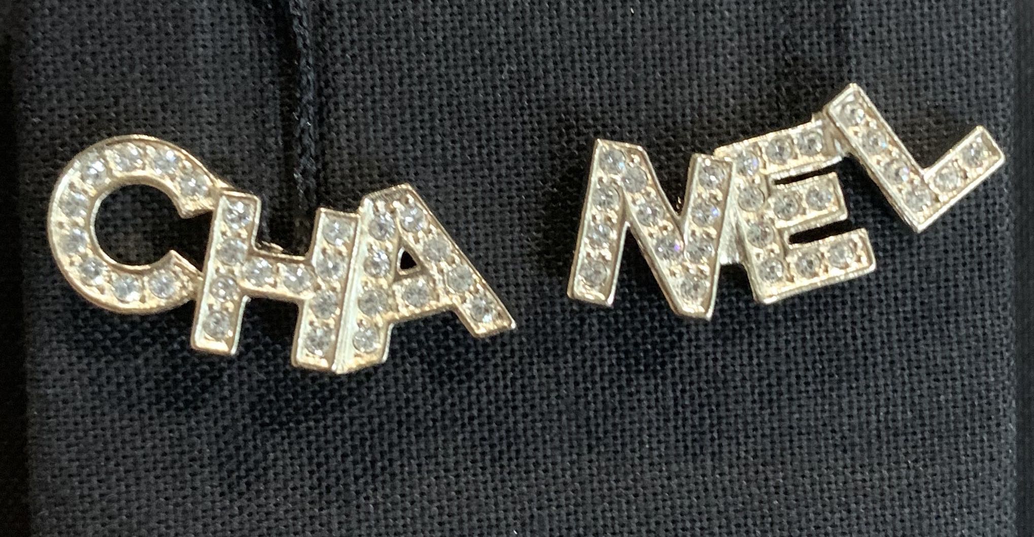 NWT Chanel RUNWAY CHA NEL Letter Logo Crystal Statement Earrings w