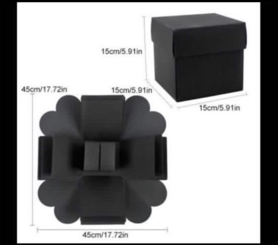 Explosion Box (Category: Storage Boxes & Baskets) located in Singapore. Submitted by lilaccy (Listing ID 1033403546, Image 3). Description: Hi! $25 per box Comes with extras in the top left of 4th picture Box will be fixed for you. (Plain black). Just have to decorate yourself Dm for more info :).