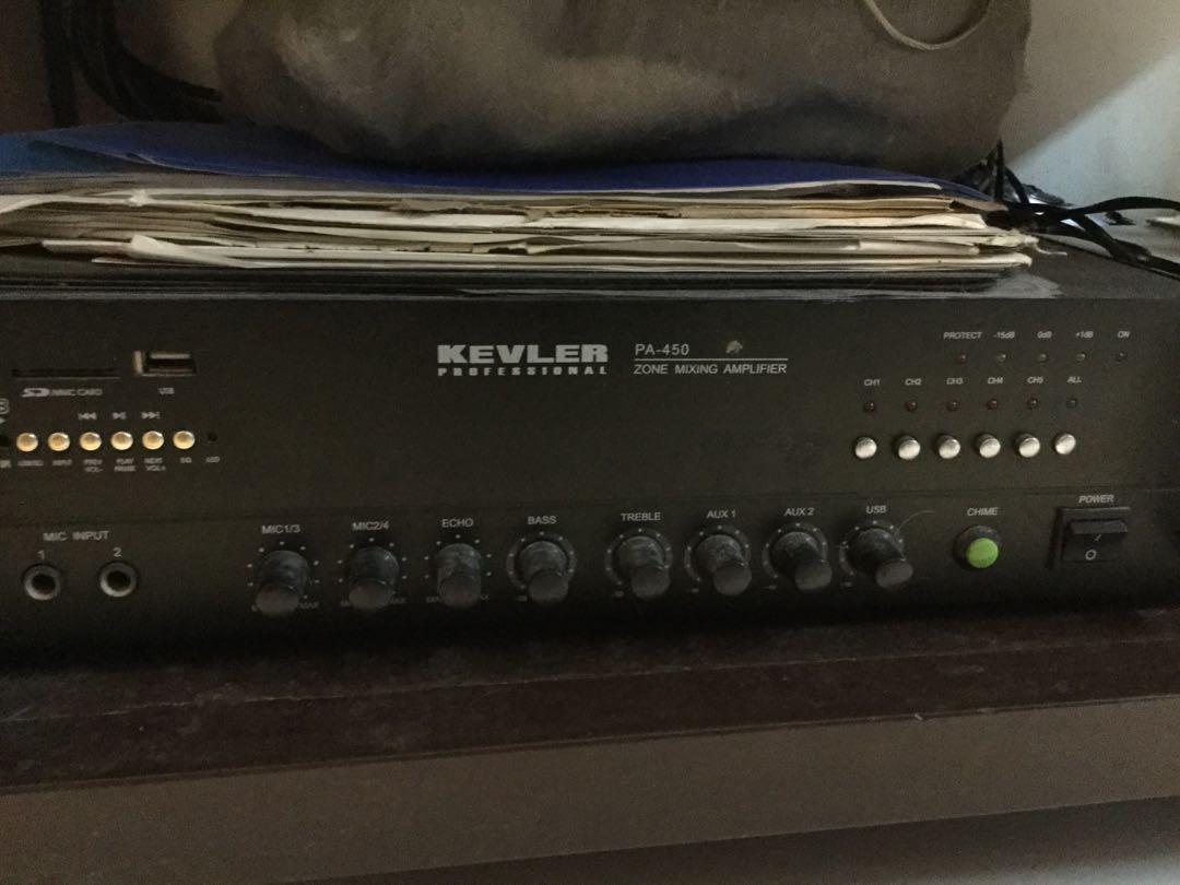 Kevler Zone Mixing Amplifier (PA-450) (Category: Soundbars, Speakers & Amplifiers) located in Paranaque City. Submitted by rnold07 (Listing ID 1033387791, Image 1). Description: Used Kevler Zone Mixing Amplifier. Still working but needs cleaning on electronic contacts to clear some static sound when adjusting volume or settings..