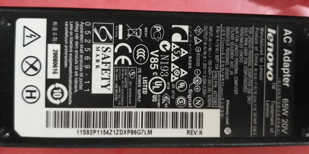 Lenovo Laptop Charger Adapter (Category: Laptops & Notebooks) located in Las Pinas. Submitted by jameyah24 (Listing ID 1033452072, Image 1). Description: used. 20V / 3.25A / 65W plug type, please see last photo.