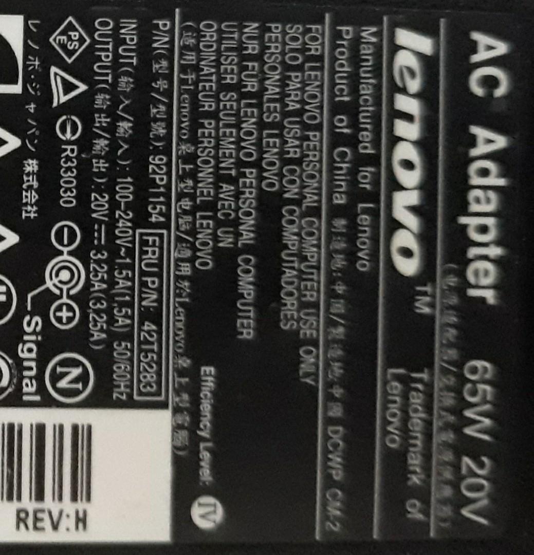 Lenovo Laptop Charger Adapter (Category: Laptops & Notebooks) located in Las Pinas. Submitted by jameyah24 (Listing ID 1033452072, Image 2). Description: used. 20V / 3.25A / 65W plug type, please see last photo.