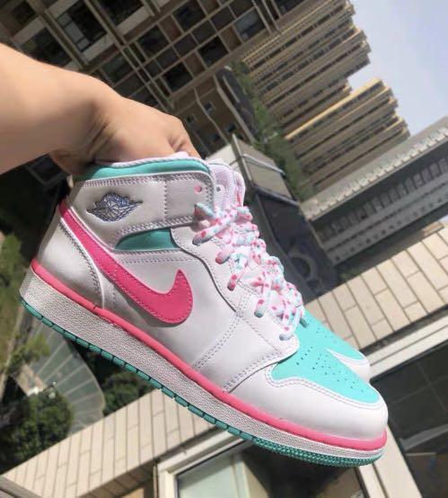 mint green and pink shoes