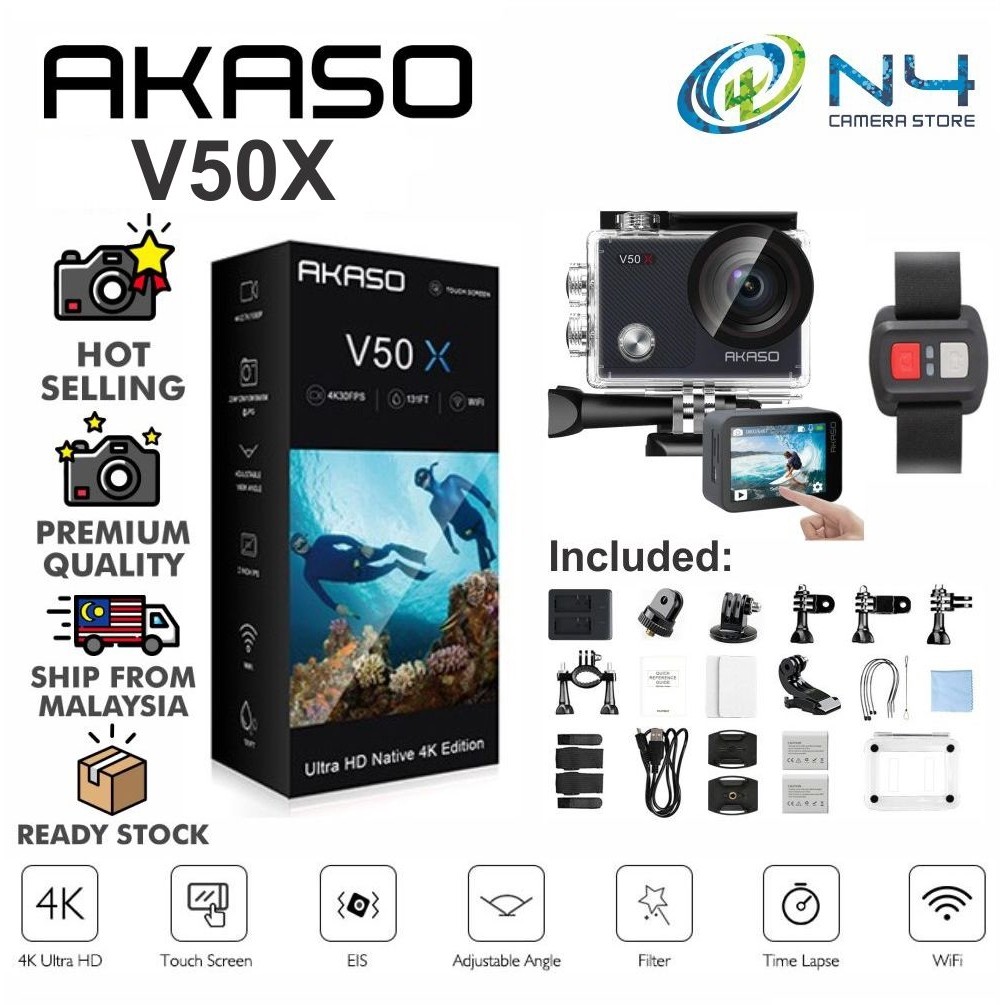  AKASO V50X Native 4K30fps WiFi Action Camera with EIS Touch  Screen 4X Zoom 131 feet Waterproof Camera Support External Mic Remote  Control with Helmet Accessories (Without 64GB MicroSD Card) : Electronics