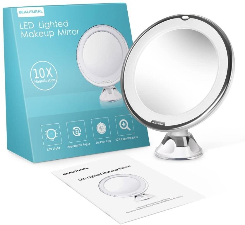 B109 Beautural Makeup Mirror 10x, Beautural 10x Magnifying Lighted Vanity Makeup Mirror With Natural White Led