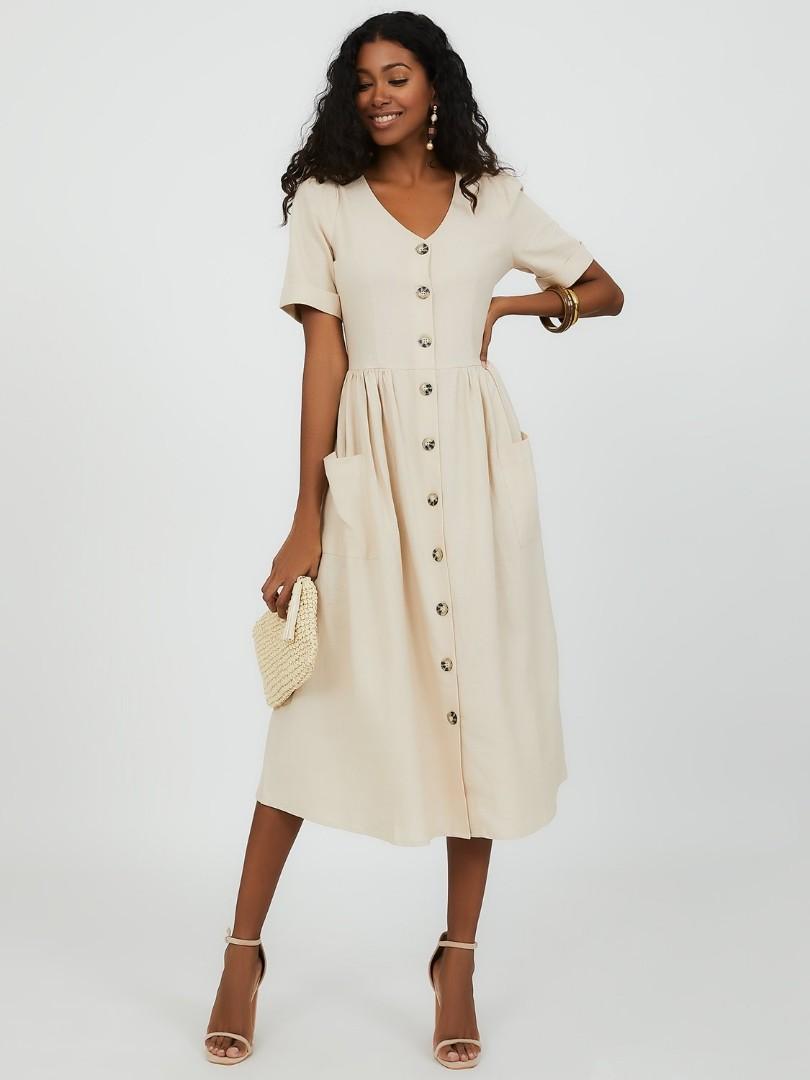 White linen dress buttons on sale