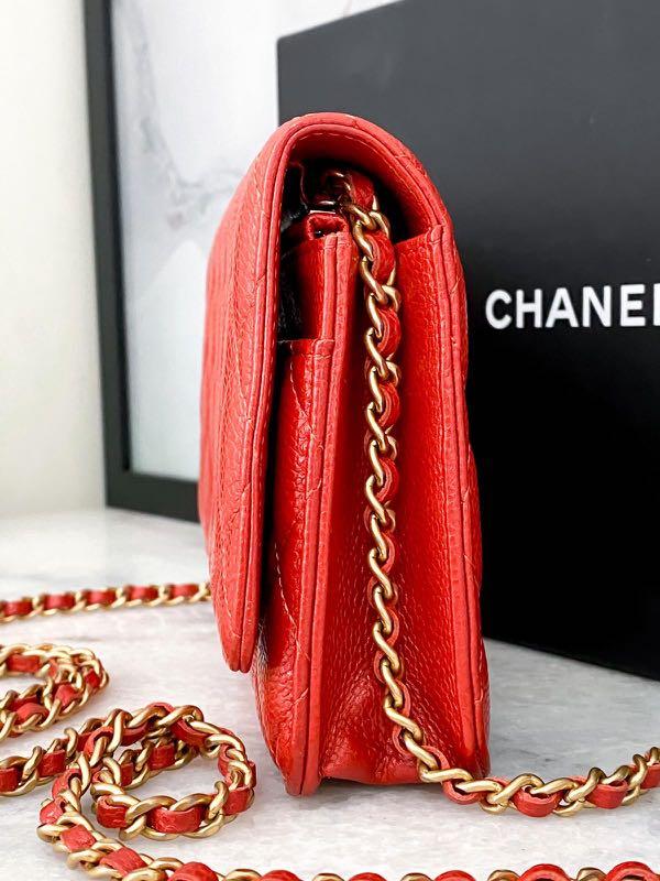 Chanel red caviar leather wallet on chain ( WOC ) with silver