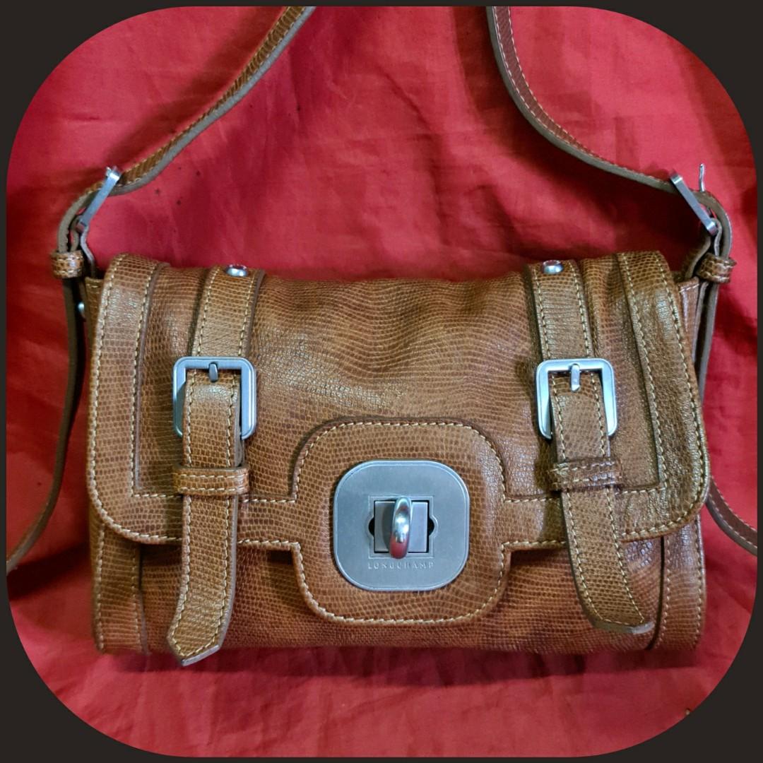 🛑Longchamp Gatsby Sports Brown Stamped Leather Sling Flap Crossbody Bag