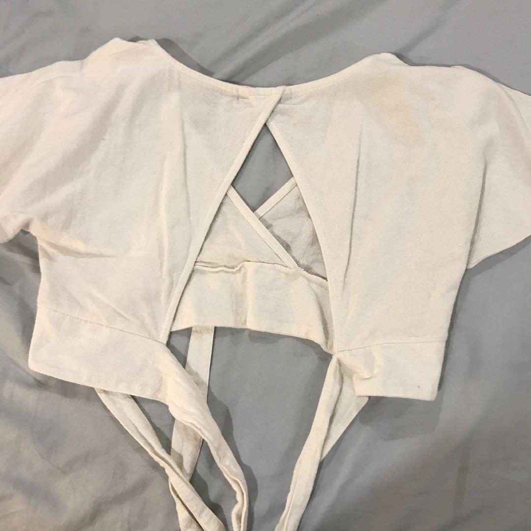 shop copper white linen wrap self tie crop top, Women's Fashion, Tops,  Others Tops on Carousell