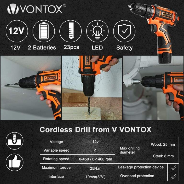 VONTOX Cordless Drill/20V Screwdriver DIY kit,2x2Ah Batery,24PCS,2