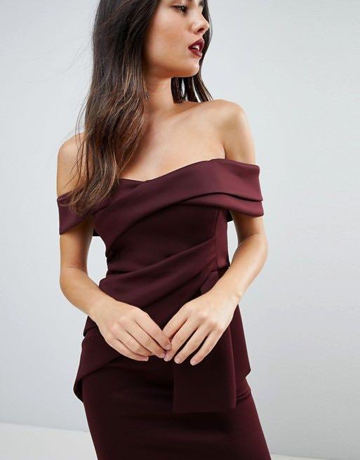asos design bardot fold wrap front midi pencil dress