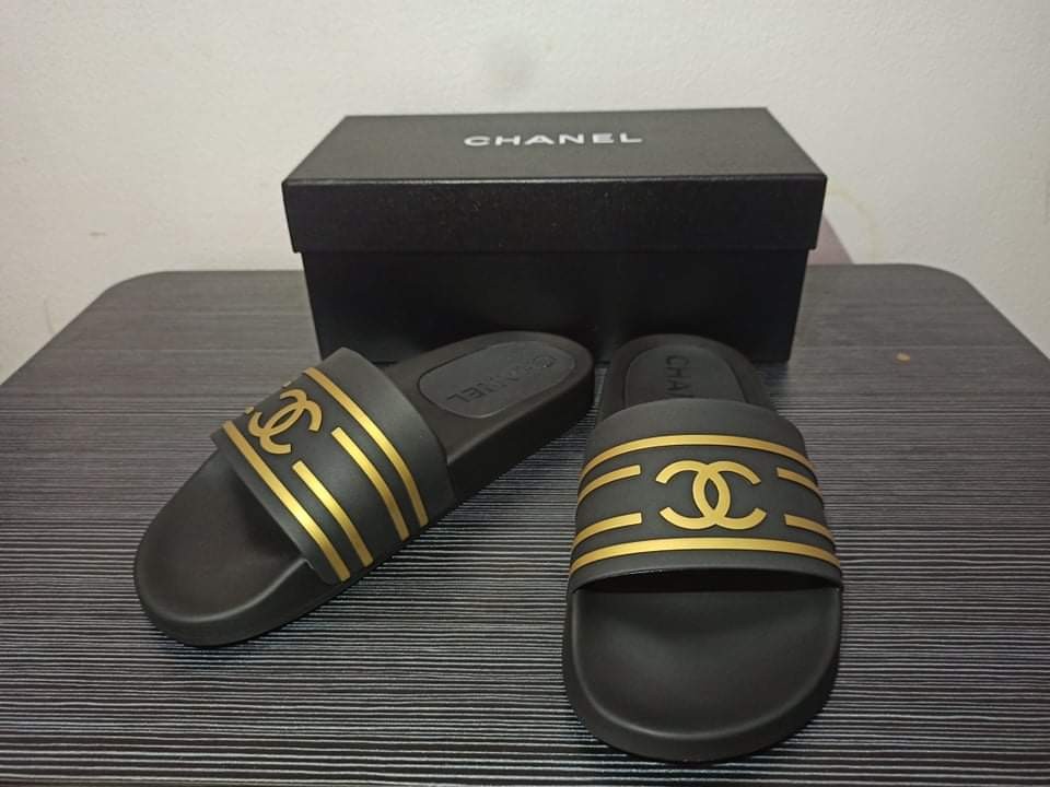 Chanel gold slides cheap