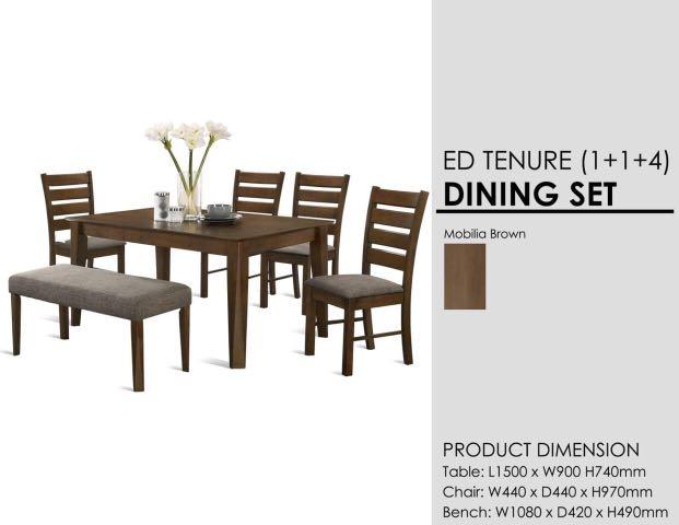 Dining Table 6 Seater (Category: Chairs) located in Quezon City. Submitted by travisfurnitureshop (Listing ID 1033878209, Image 1). Description: Dining Table Set 1+1+4 Model: ED TENURE Color: Mobilia Brown Dimension: Table: 59L"x35W"x29H" Inches Chair: 17W"x17D"x38H" Inches Bench: 43W"x17D"x19"H Inches.