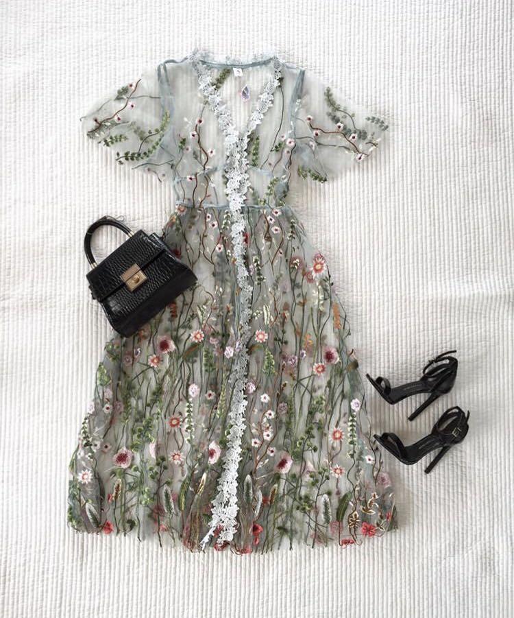 Floral Embroidery Mesh Dress in Light ...