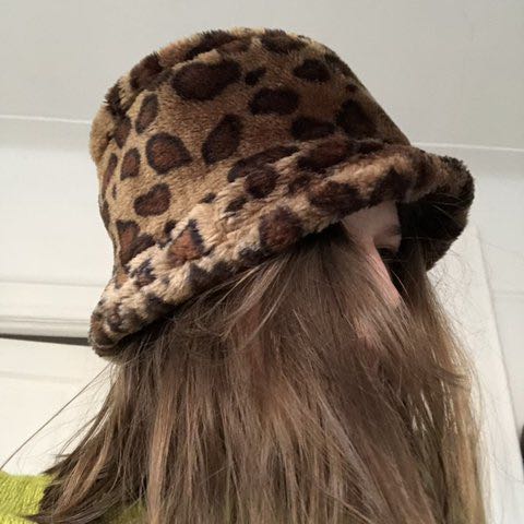Furry leopard print bucket hat, Women's 