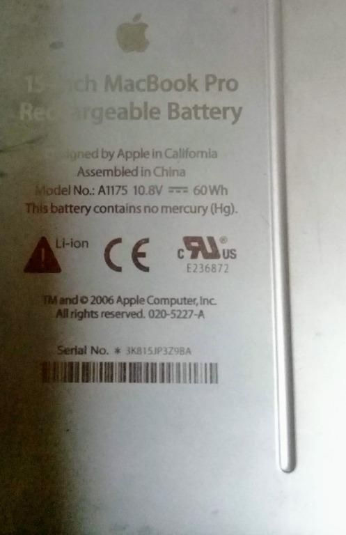 Macbook Pro rechargeable battery (Category: Chargers) located in Antipolo. Submitted by cychiyo (Listing ID 1034021610, Image 2). Description: New Apple Macbook Pro battery Bought new for 9k ++ as a spare but never got to use selling low guaranteed authentic Apple product minor cosmetic scratches from storage Sure buyer to book for shipping via Mr. Speedy or you can come to test it with your old Macbook Pro here in Antipolo Changed systems when m