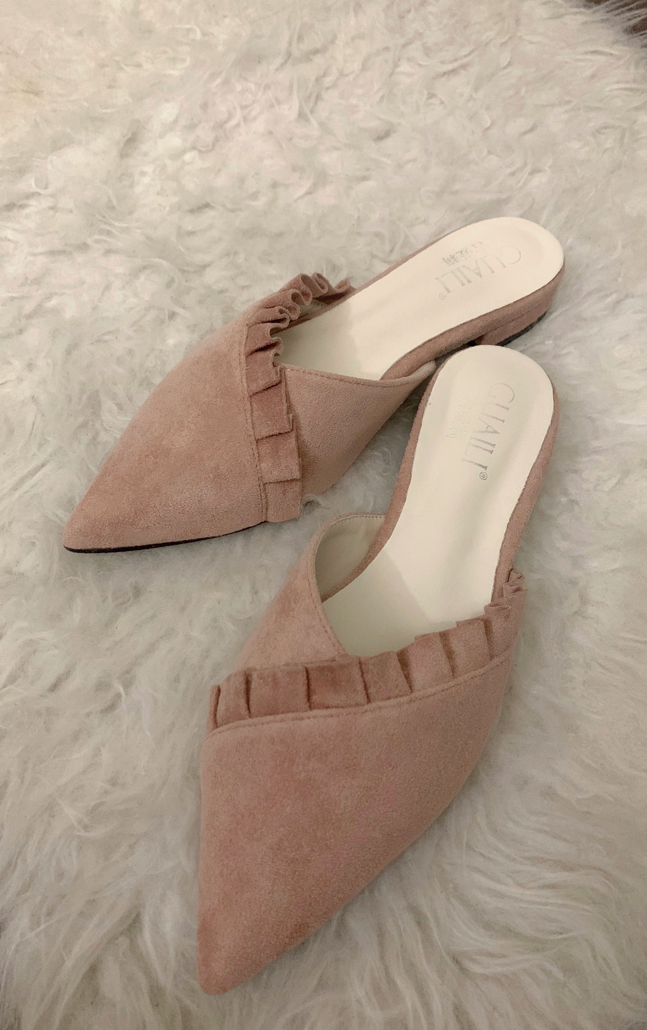pink suede mules