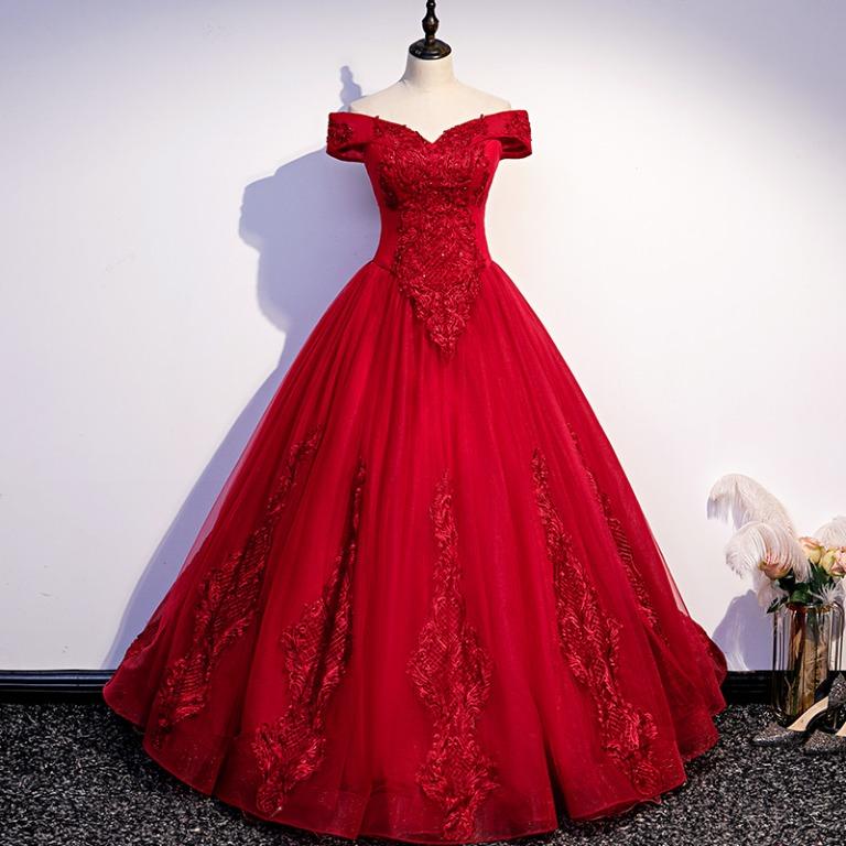 pre order red off shoulder wedding bridal dress gown RB2161, Women's  Fashion, Dresses & Sets, Evening Dresses & Gowns on Carousell